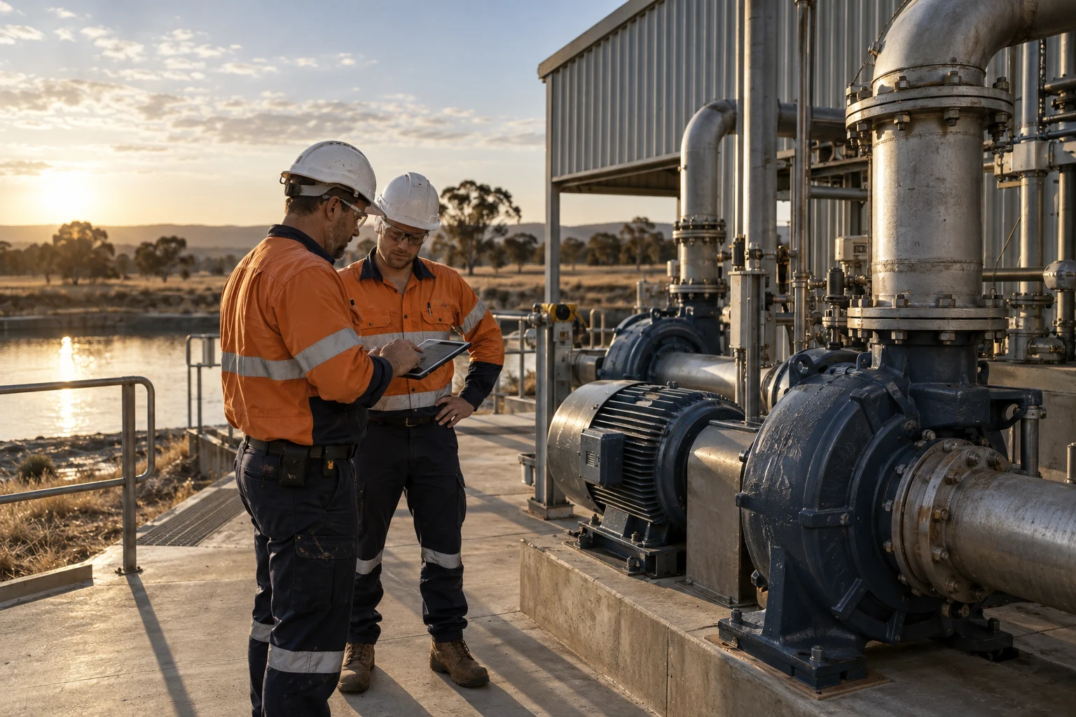 Illustrative scene of maintenance workers reviewing a plan beside industrial pumps